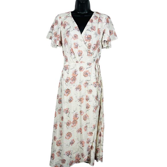 Everly Floral Wrap Dress Pink Cream Short Sleeve Midi Spring Flowy - S - Picture 2 of 5